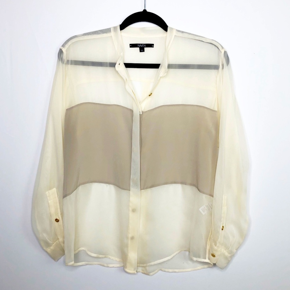 NAVEN sheer button down color block silk blouse